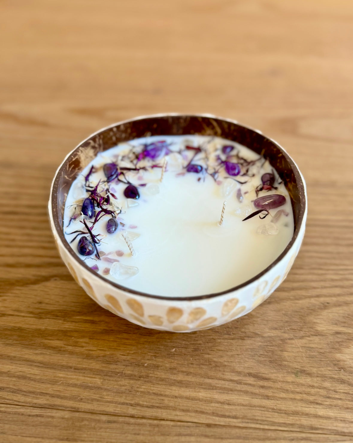 Mosaik Kerze mit Amethyst und Bergkristall