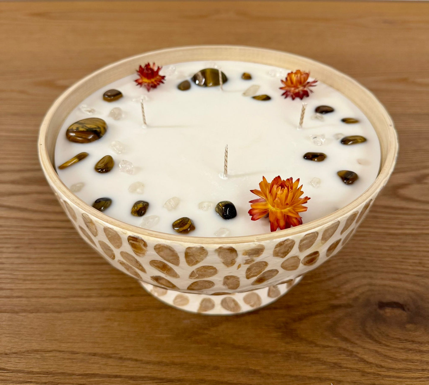 Bambus Mosaik Kerze mit Bernstein, Bergkristall und Strohblumen