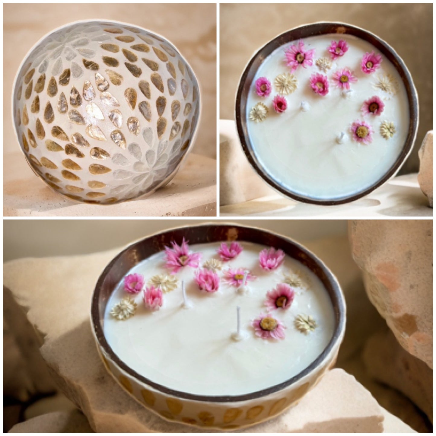Kerze mit rosa Rodanthe & weisse Strohblumen