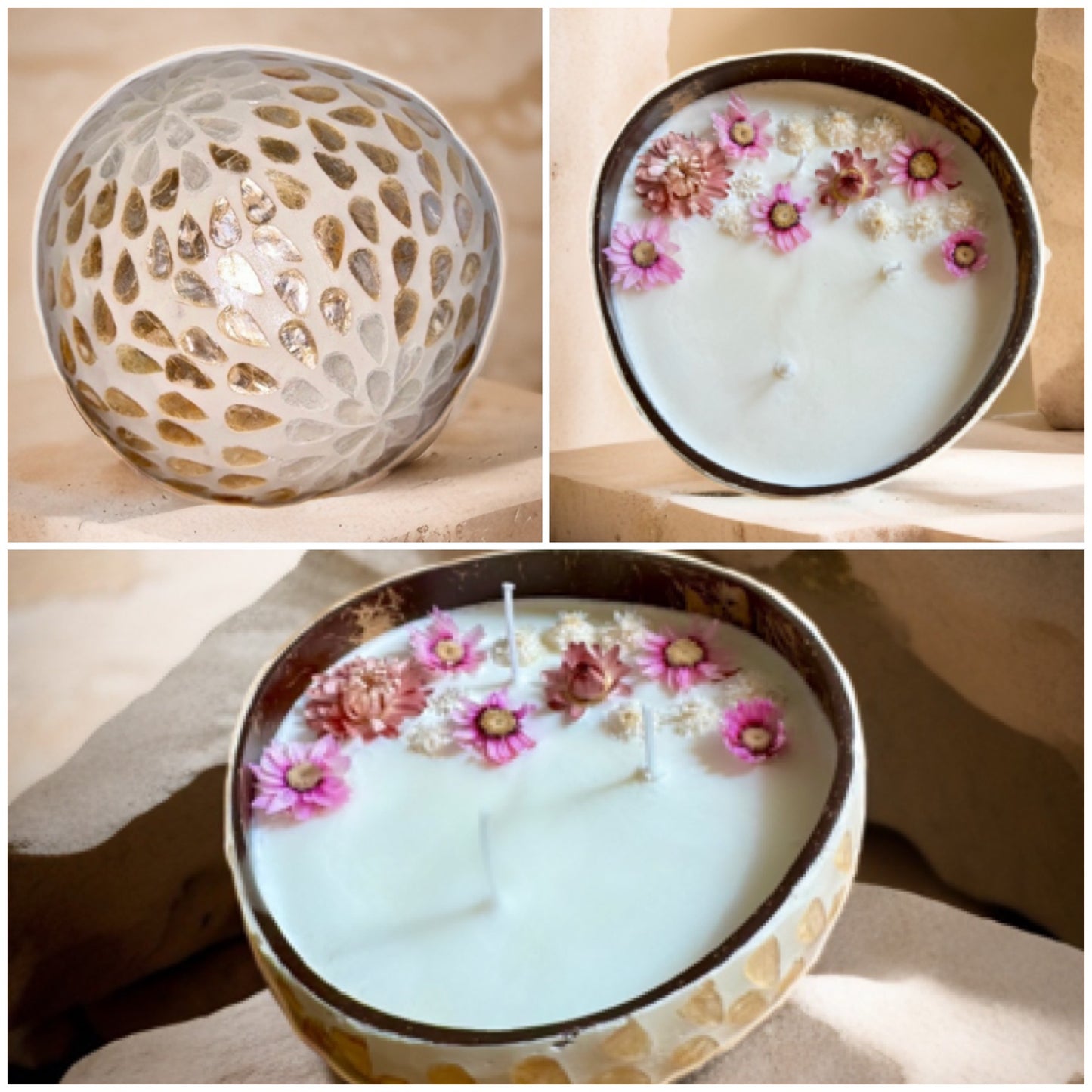Kerze mit rosa Rodanthe, Strohblumen & weisse Bergblumen