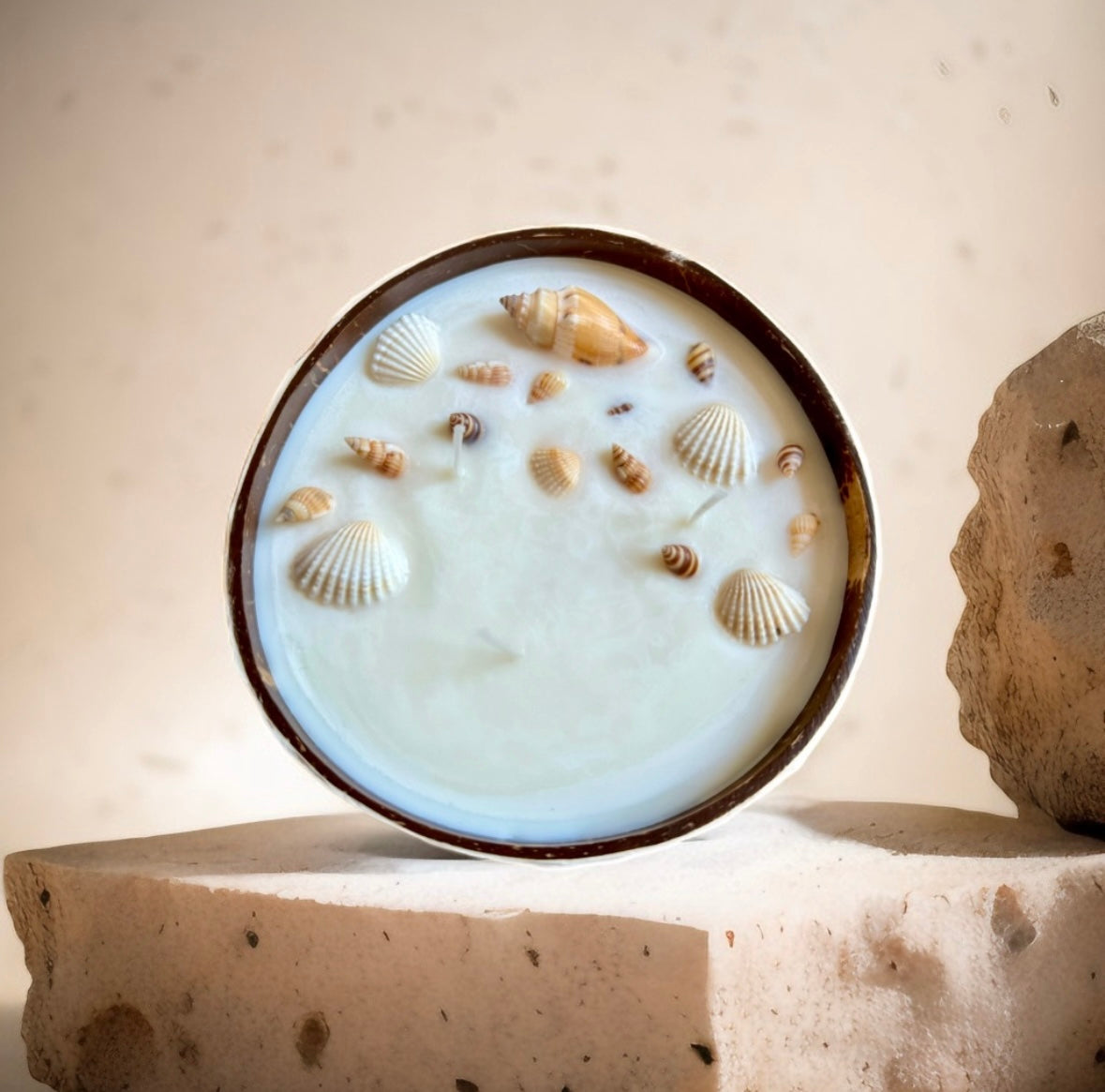 Mosaik Kerze mit verschiedenen Muschelarten