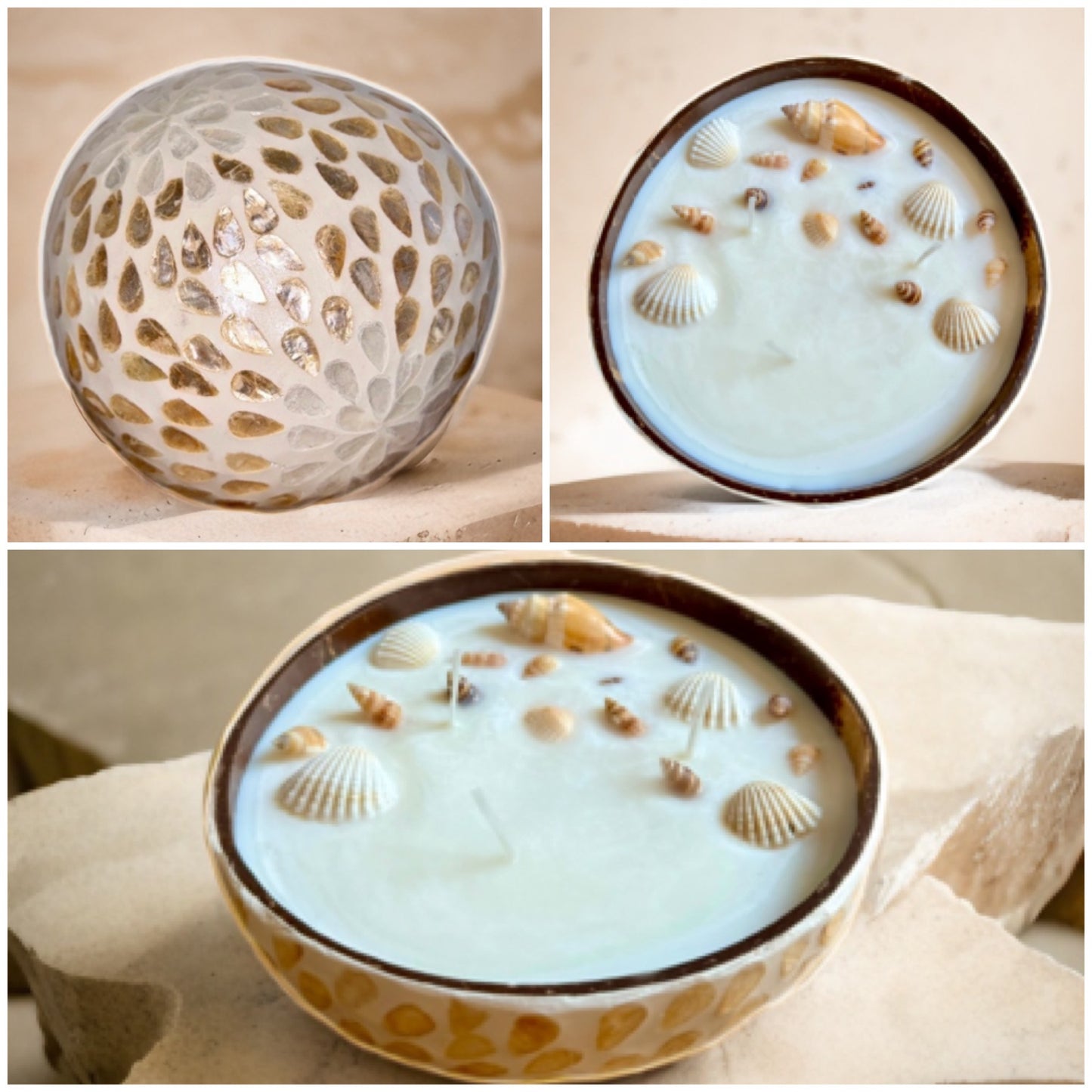 Mosaik Kerze mit verschiedenen Muschelarten
