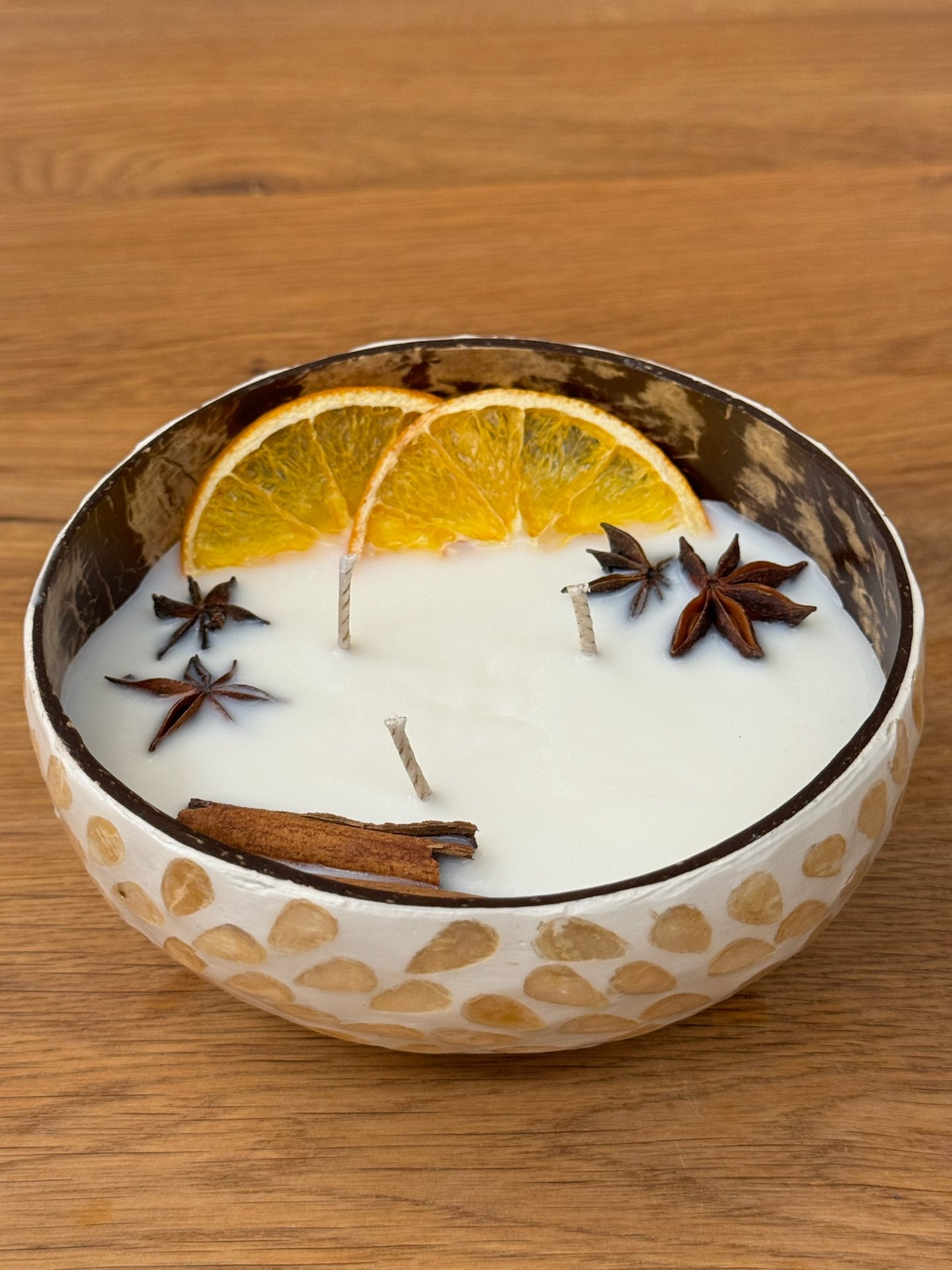Mosaik Kerze mit Orangen, Anis & Zimt