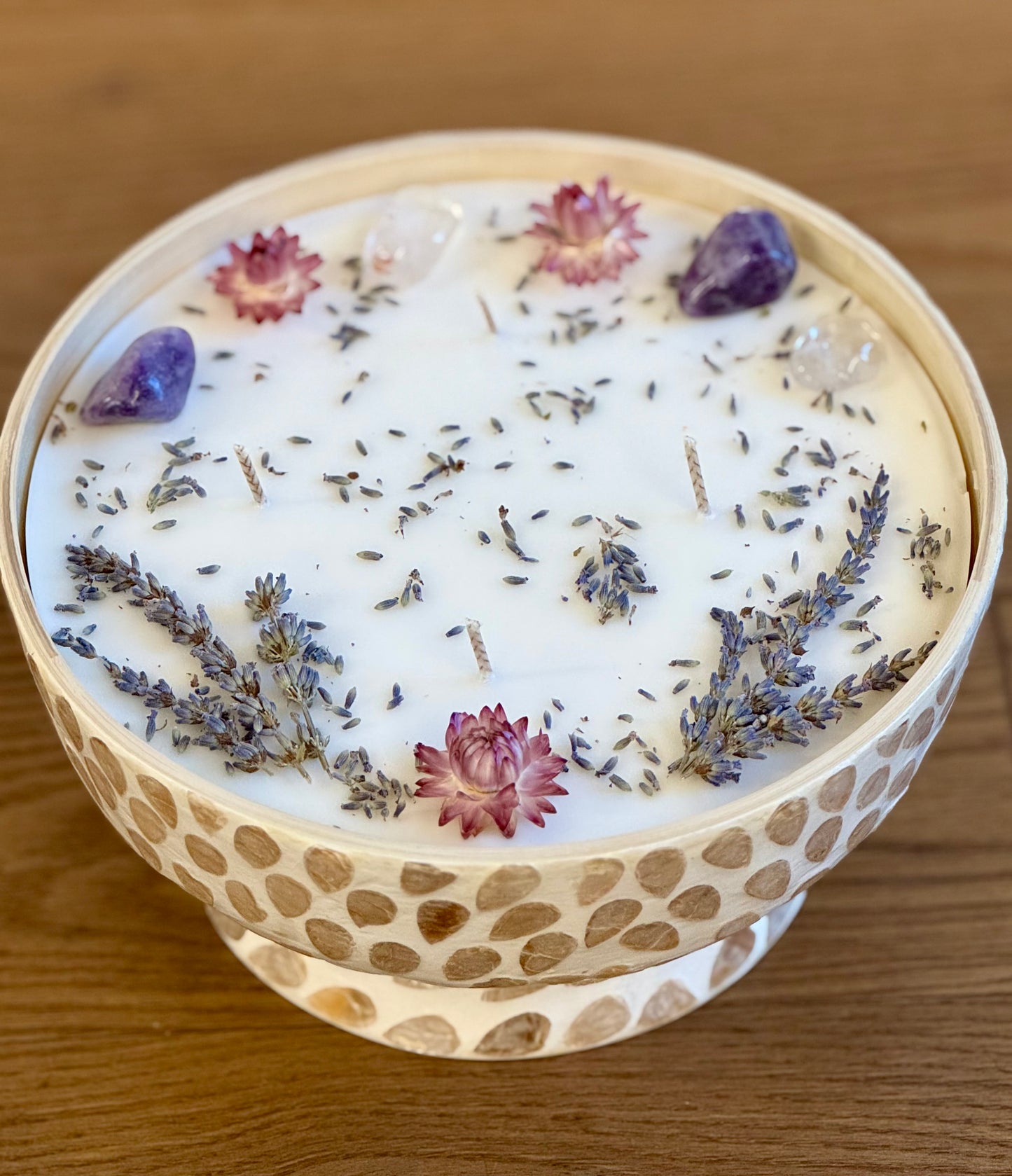 Bambus Mosaik Kerze mit Amethyst und Bergkristall