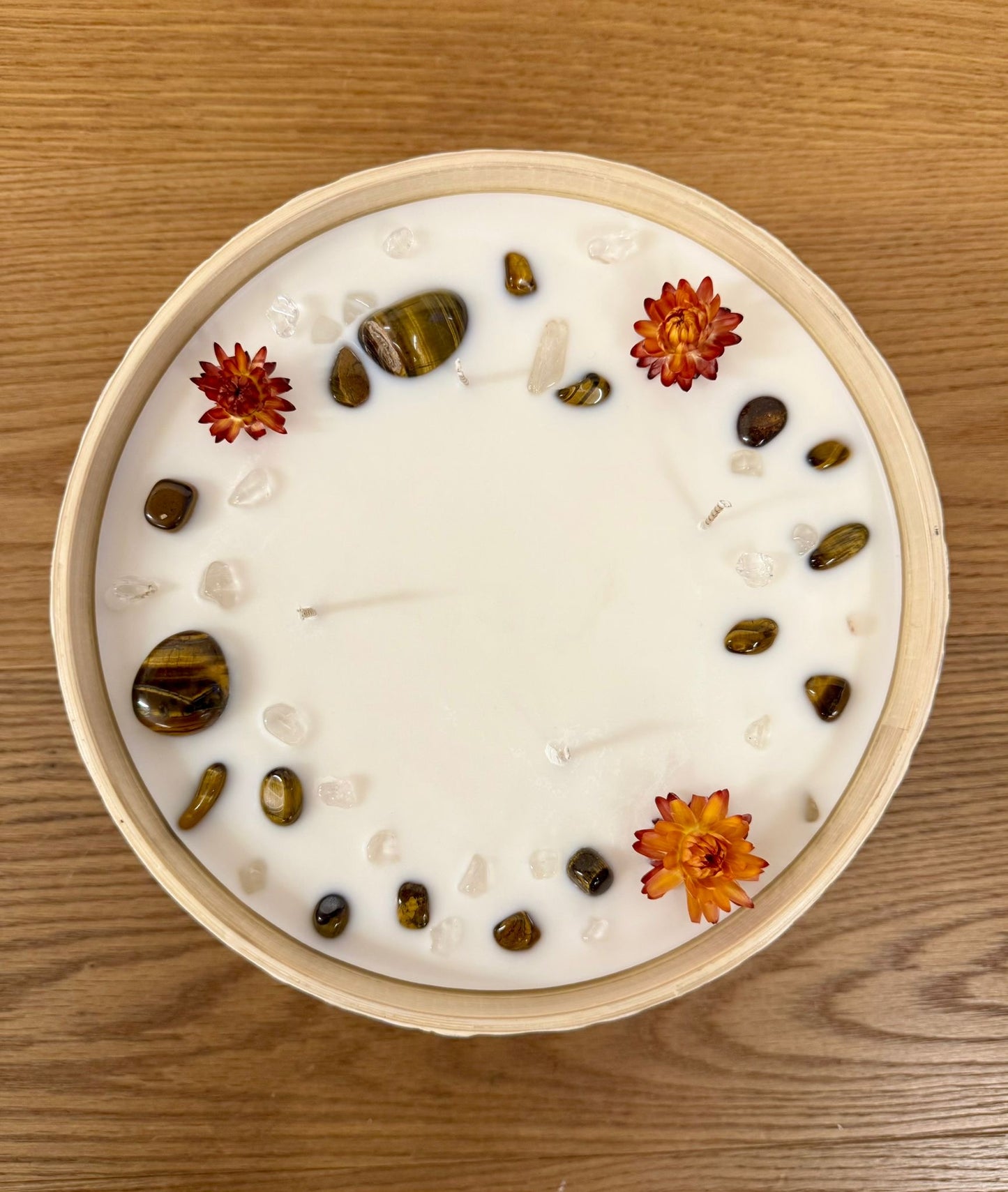 Bambus Mosaik Kerze mit Bernstein, Bergkristall und Strohblumen