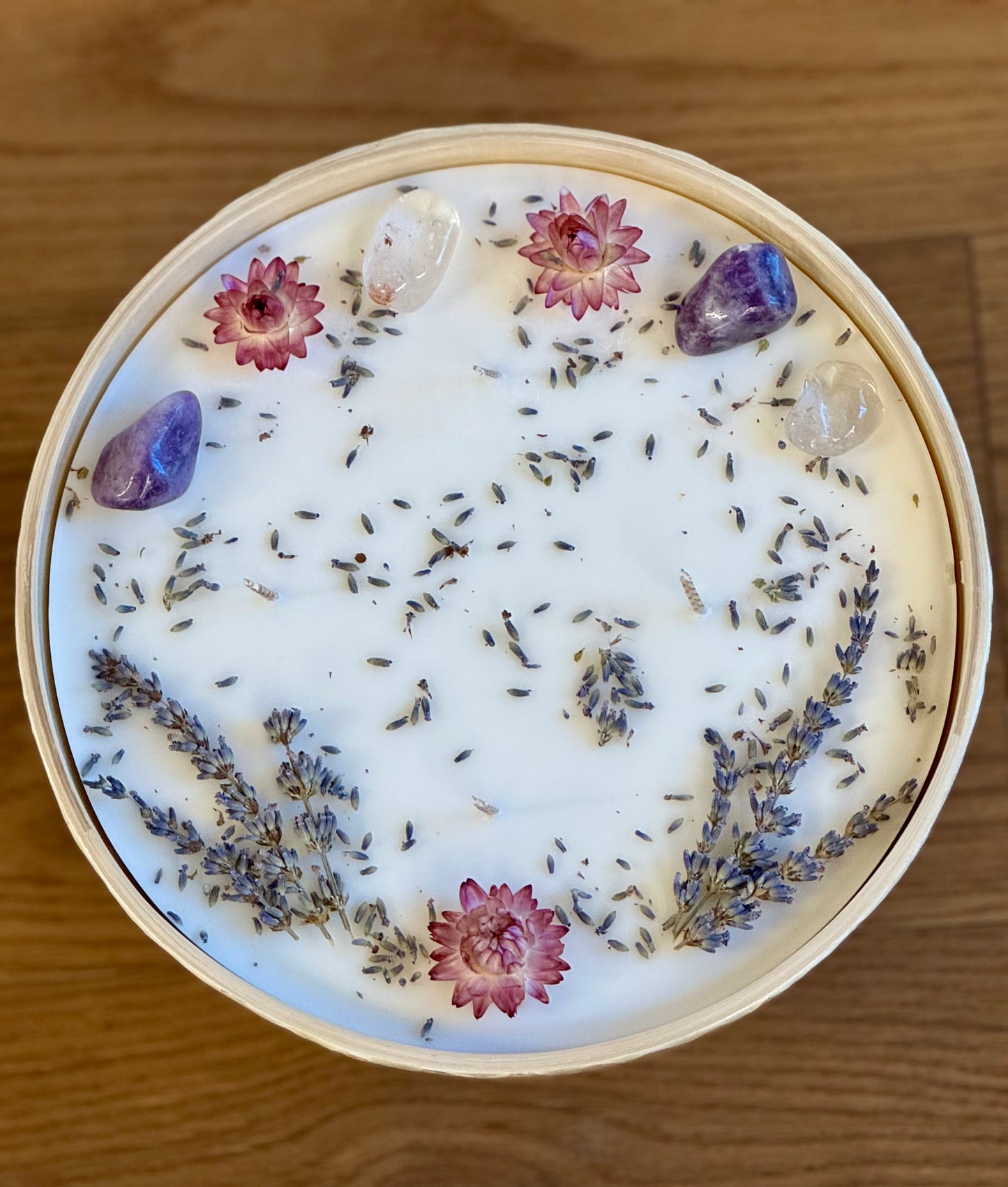 Bambus Mosaik Kerze mit Amethyst und Bergkristall