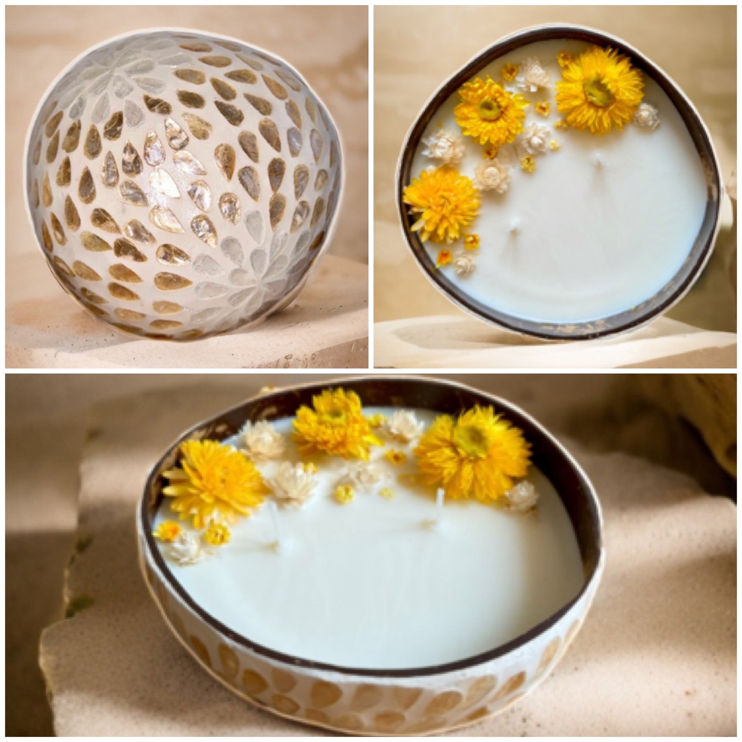 Kerze mit gelben & weissen Strohblumen