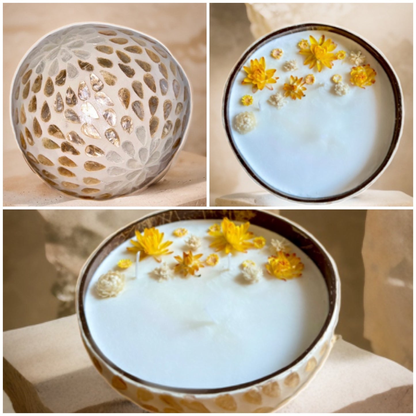 Kerze mit weissen & gelben Strohblumen