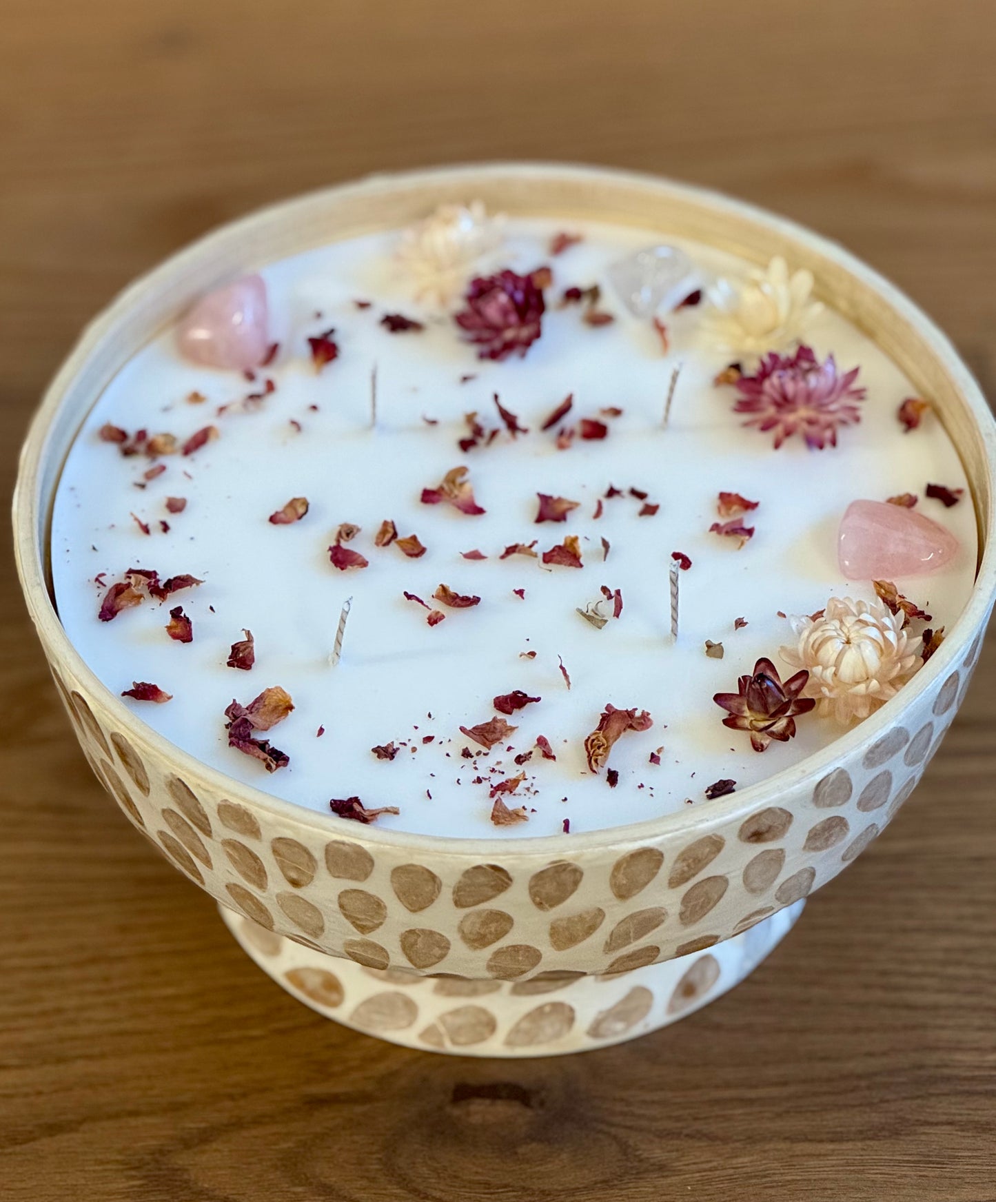 Bambus Mosaik Kerze mit Rosenquarz und Bergkristall