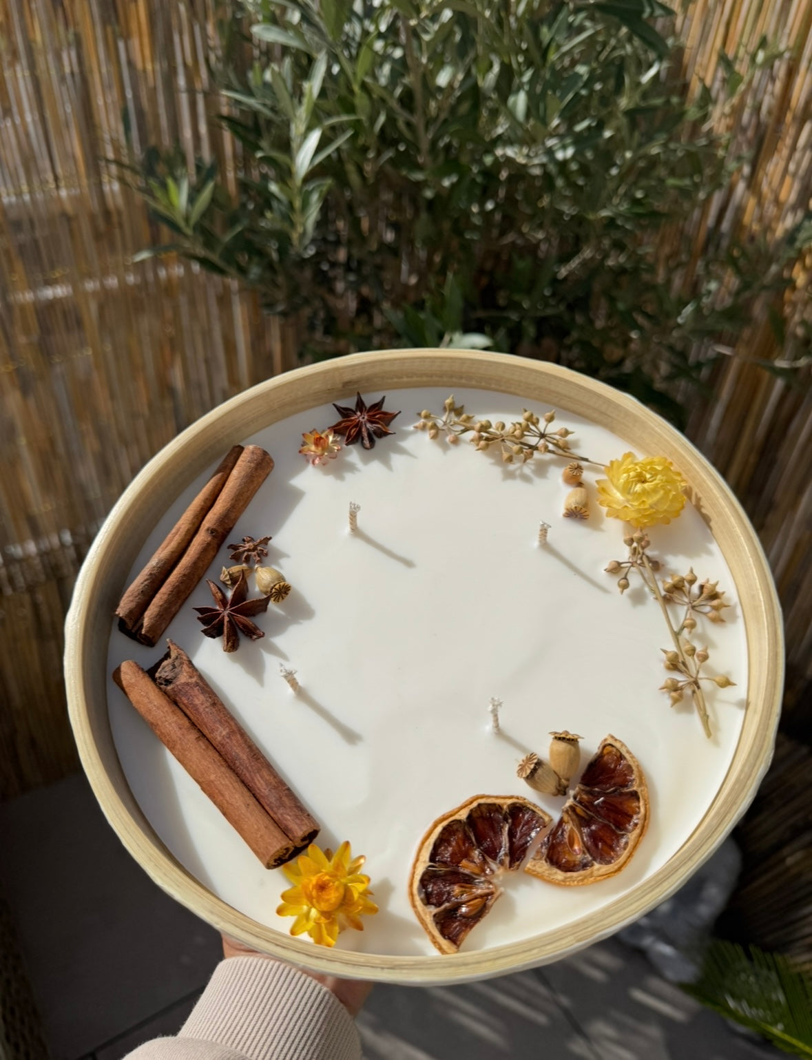 Bambus Mosaik Kerze mit Trockenblumen & Trockenfrüchten