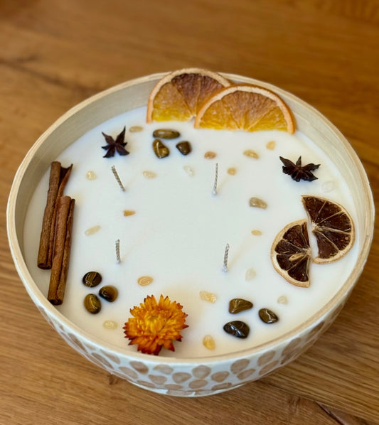 Bambus Mosaikkerze mit Tigerauge, Citrin & Trockenfrüchten