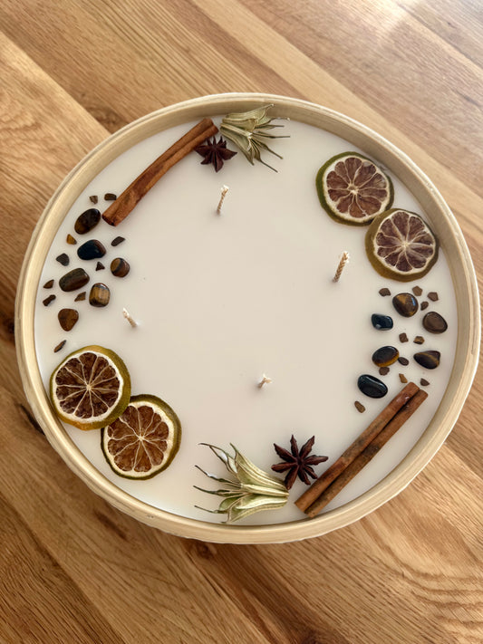 Bambus Mosaik Kerze mit Tigerauge & Trockenblumen / Früchte