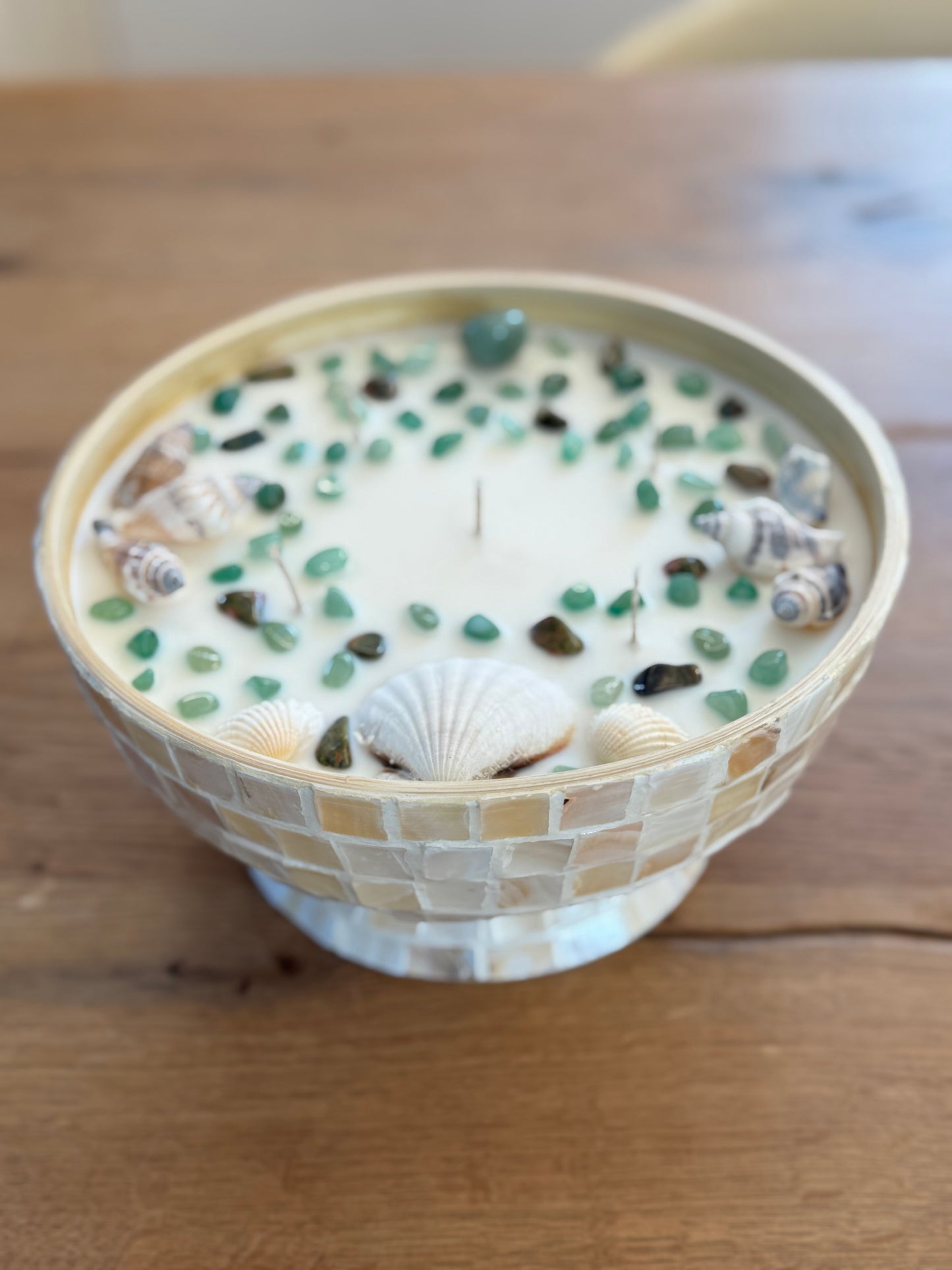 Bambus Mosaik Kerze mit Aventurin und Muscheln