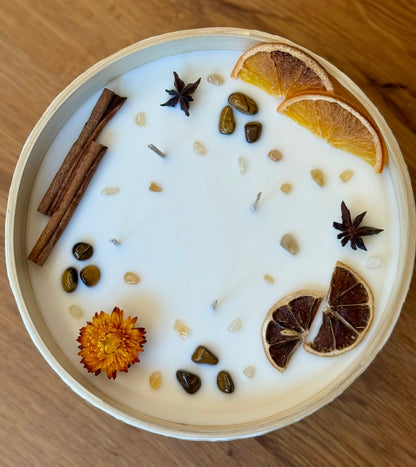 Bambus Mosaikkerze mit Tigerauge, Citrin & Trockenfrüchten