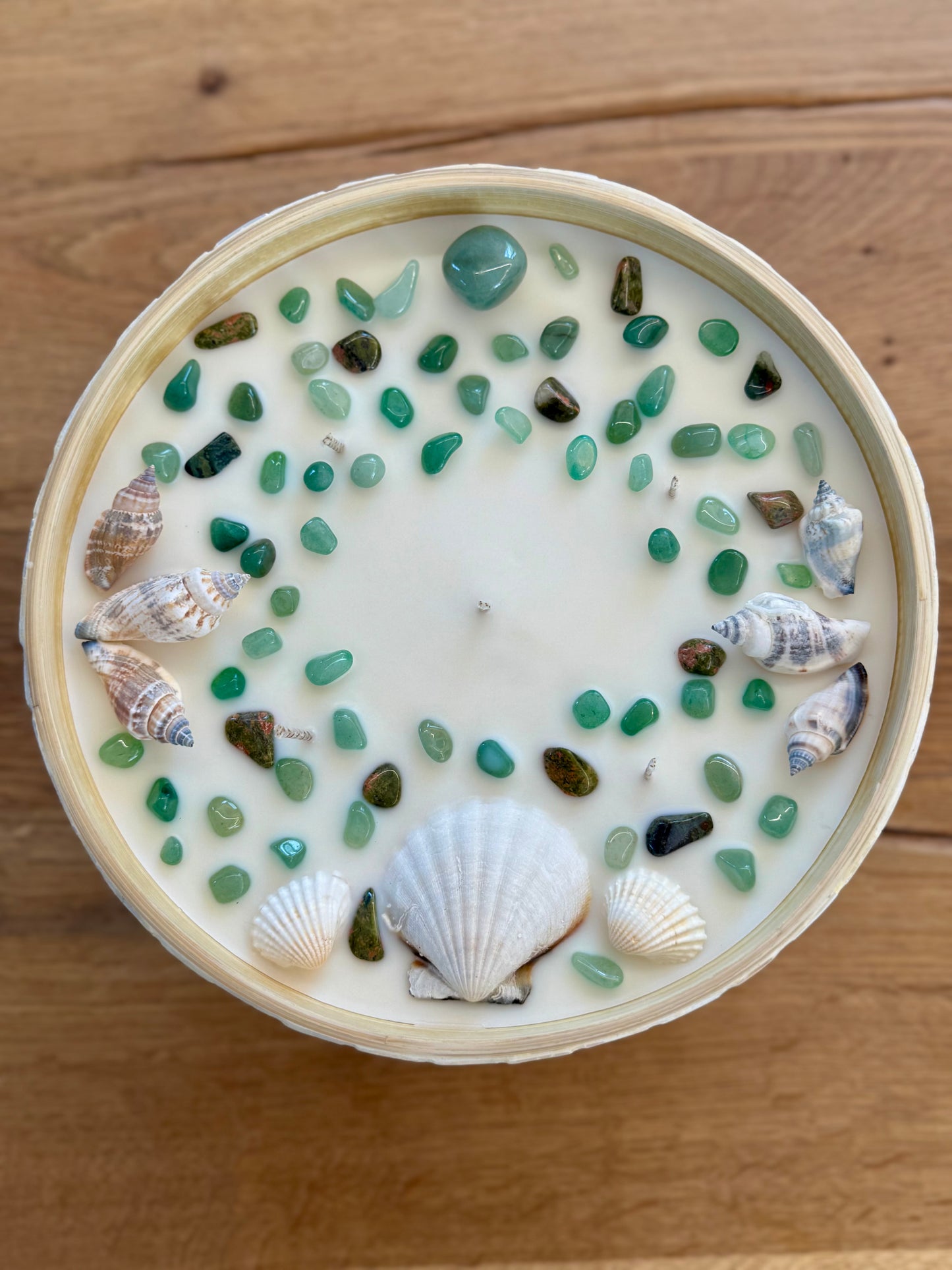 Bambus Mosaik Kerze mit Aventurin und Muscheln